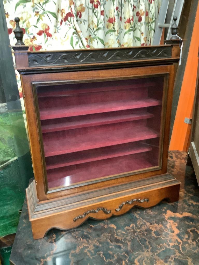 A near pair of glazed mahogany wall cabinets, larger width 66cm depth 21cm height 82cm